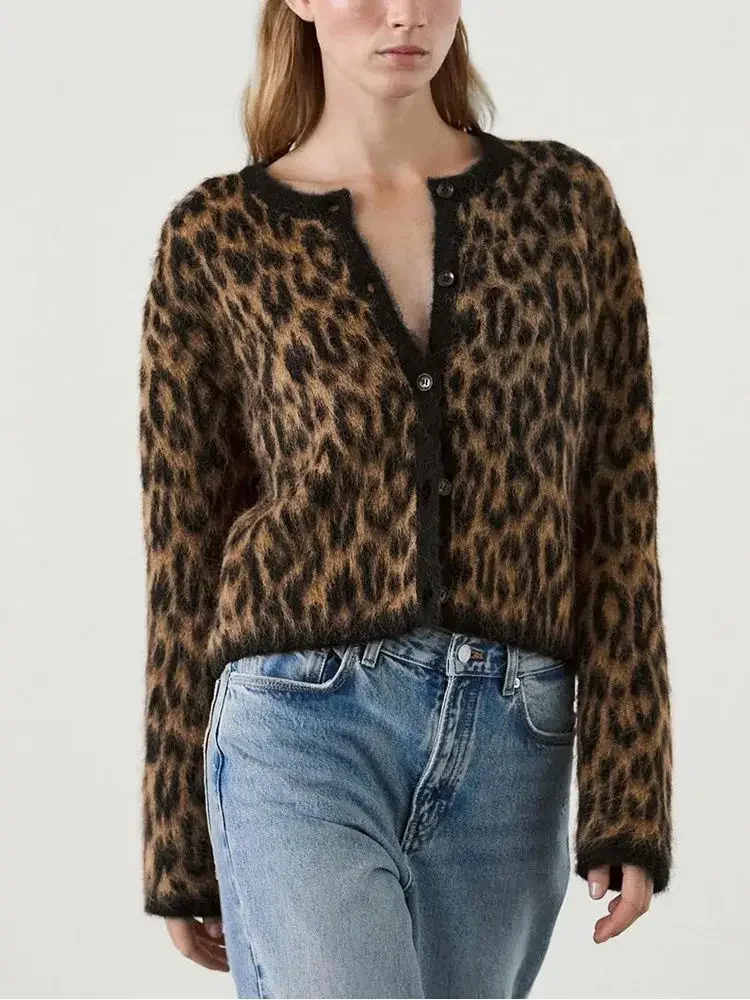 Elegant Sexy Single Breasted Long Sleeve Slim Coats Leopard Knitted Cardigan Jackets Women Fall Winter Lady Casaul Outwear 2024