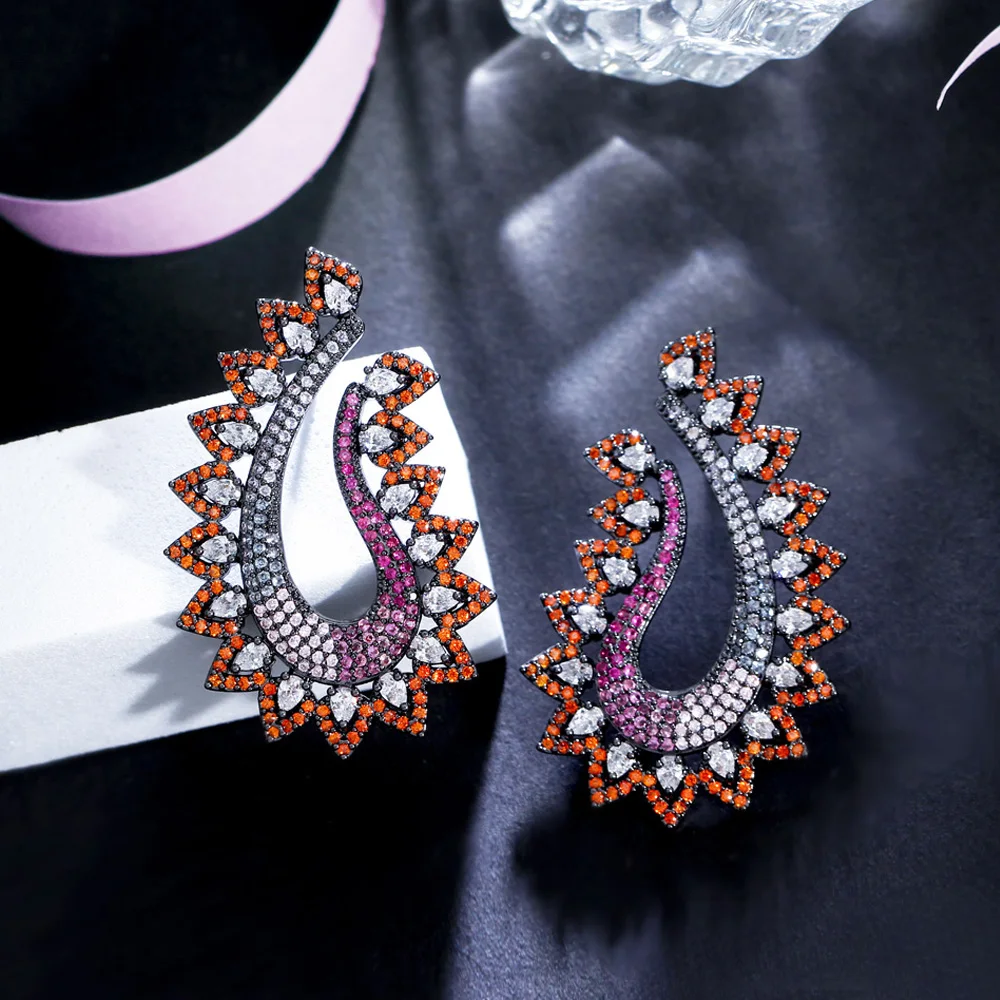 CWWZircons Expensive Pink Red Micro Cubic Zirconia Stone Pave Peacock Shape Unique Women Drop Earrings for Wedding Party CZ486