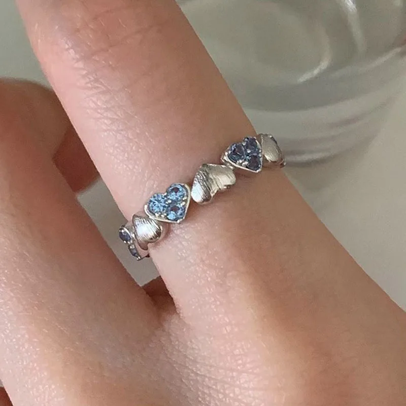 

PANJBJ 925 Sterling Silver Blue Zircon Love Heart Ring For Women Frosting Texture Sweet Adjustable Jewelry Gift Dropshipping