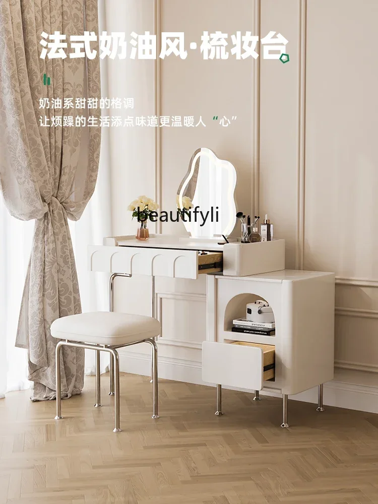 

07Dressing Table Bedside Table Integrated Bedroom Girl Makeup Table Solid Wood French Cream Style Dresser