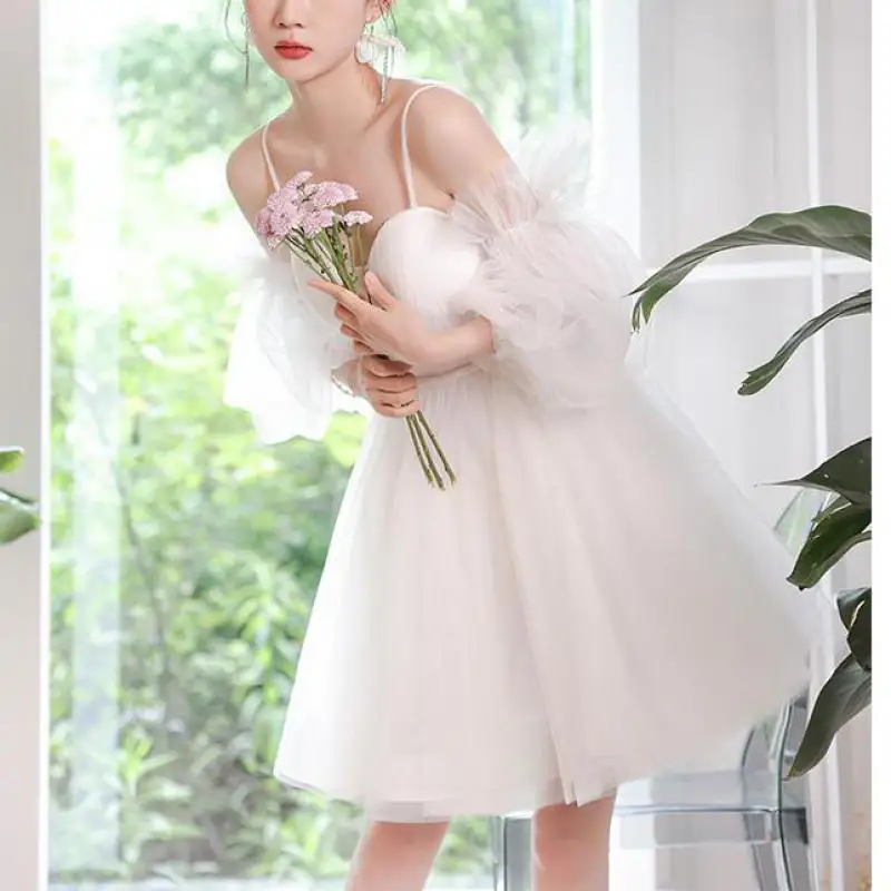 New Sweet Short Wedding Dresses Sexy Spaghetti Straps Backless Party Dress Classic Tulle Simple Vestido De Noche Customized