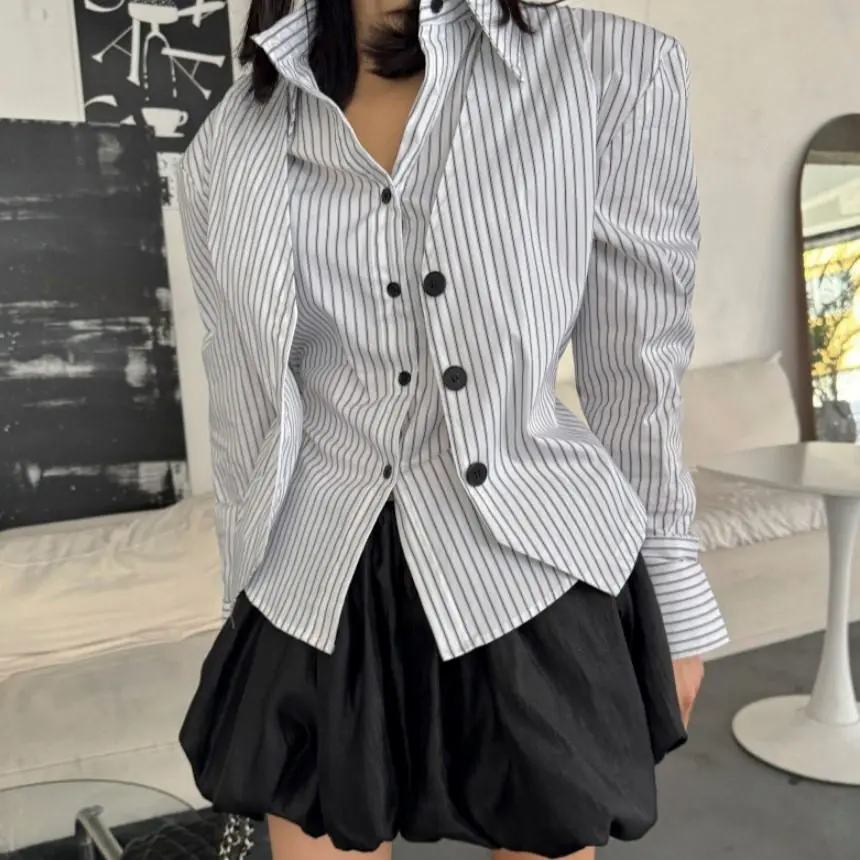 

Slim Fit Women's irt Dongda Gate Stripe Pattern Pointed Collar Fake Two-Piece Waist-Cinching Casual Sle Long Sve Cotton