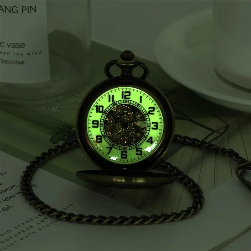 Mens Vintage Bronze Manual Mechanical Pocket Watch with Pocket Chain Pendant Clock Luminous Dial Half Hunter Timepiece Gift