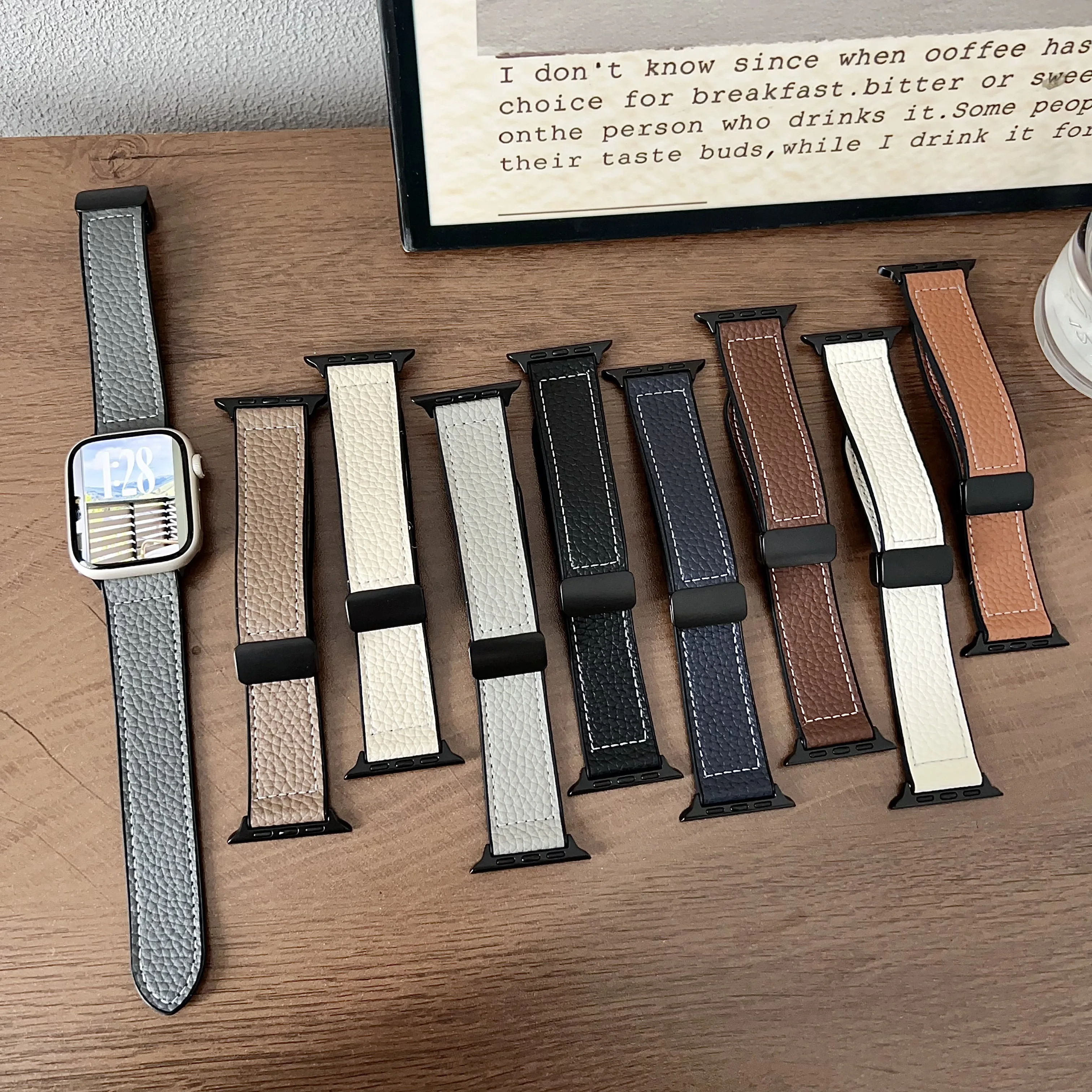 Lychee-Patterned Silicone Faux Leather Watch Band, Foldable Magnetic Clasp, Unisex, Quick Magnetic Wear