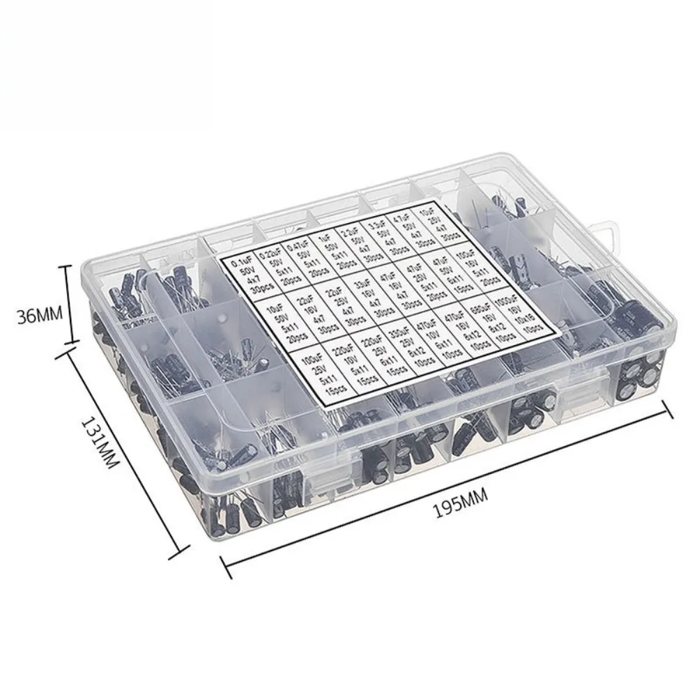 Kit d'assortiment de condensateurs électrolytiques, 500 pièces, 24 valeurs, 0 1uF à 1000uF, condensateurs radiaux à large plage avec boîte de rangement pour Po