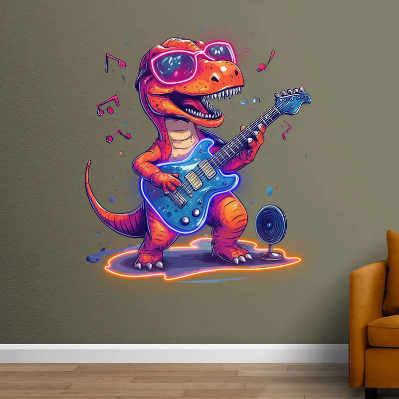 Guitar Dinosaur Neon Sign, Dinosaur Neon Art Wall Art, Dinosaur Lover Birthday Gift, Music Room Decor, Kids Room Night Light