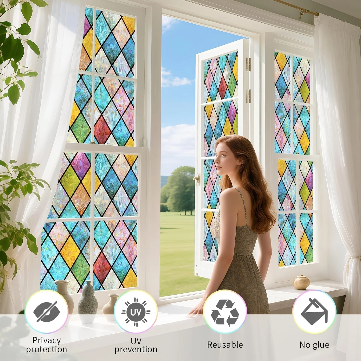 Diamond Grid Pattern Privacy Window Film Roll Static Cling Heat Block UV Block for Home Office Bathroom Door Window