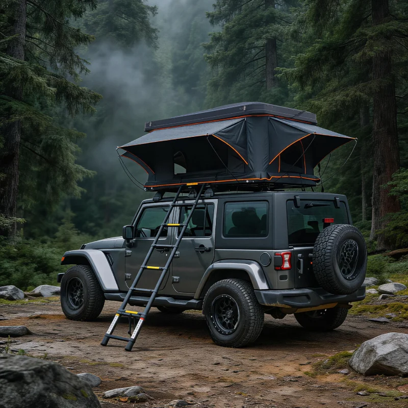 3-4 Person Hard Shell Car Roof Top Tent Black Aluminum ABS Hard Clamshell For Outdoor Camping