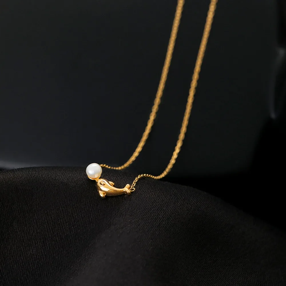 Exquisite Cute Little Dolphin Pearl Mini Whale Pendant Necklace for Women Ultra-fine Trendy Stainless Steel Collar Chain Jewelry