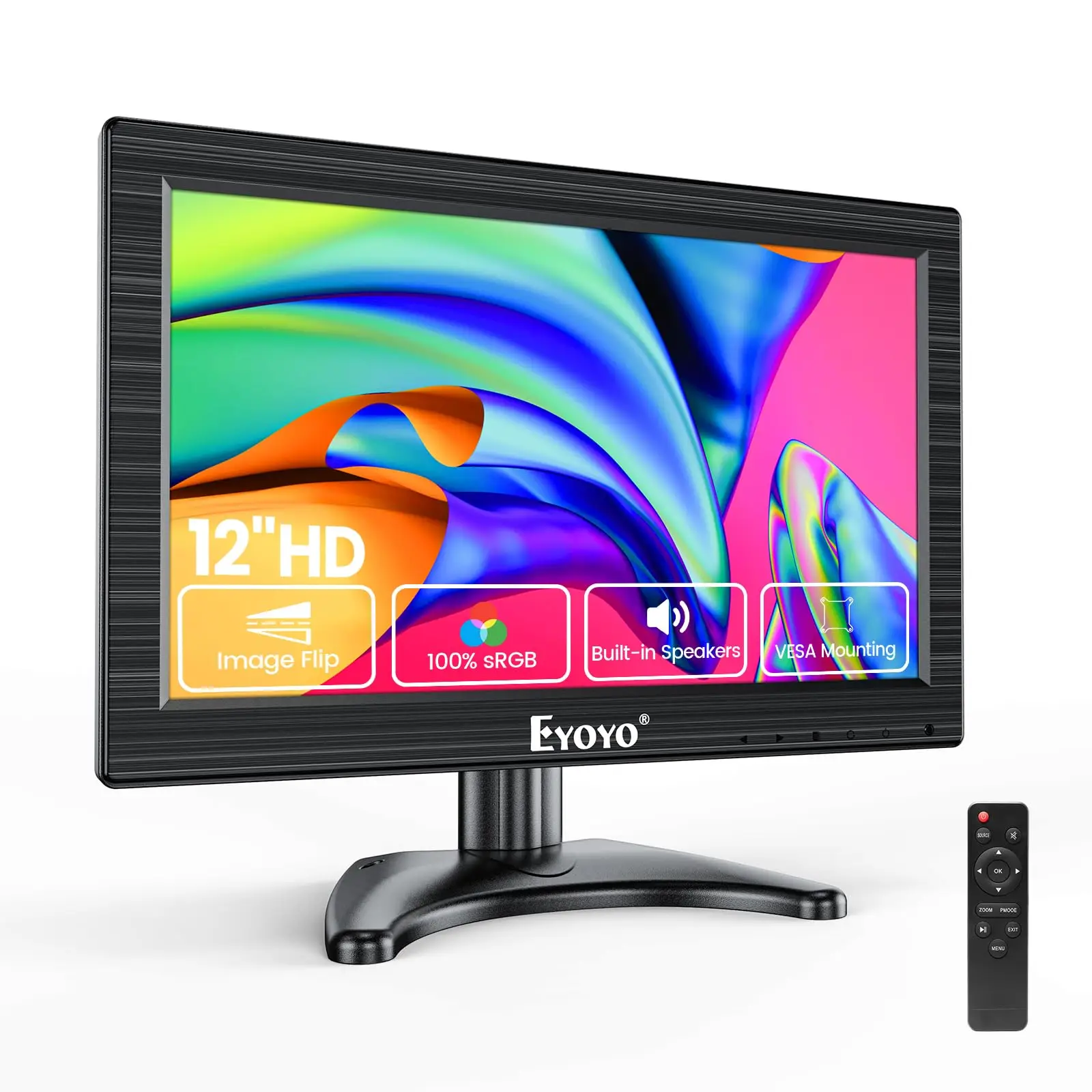 Eyoyo EM12B 12-inch Small Desktop Monitor with BNC/HDMI/VGA/AV Inputs HD 1366X768 TFT LCD Screen External Display with Remote Controller for Surveillance.Built-in Speakers,Support 75×75mm VESA Wall Mount