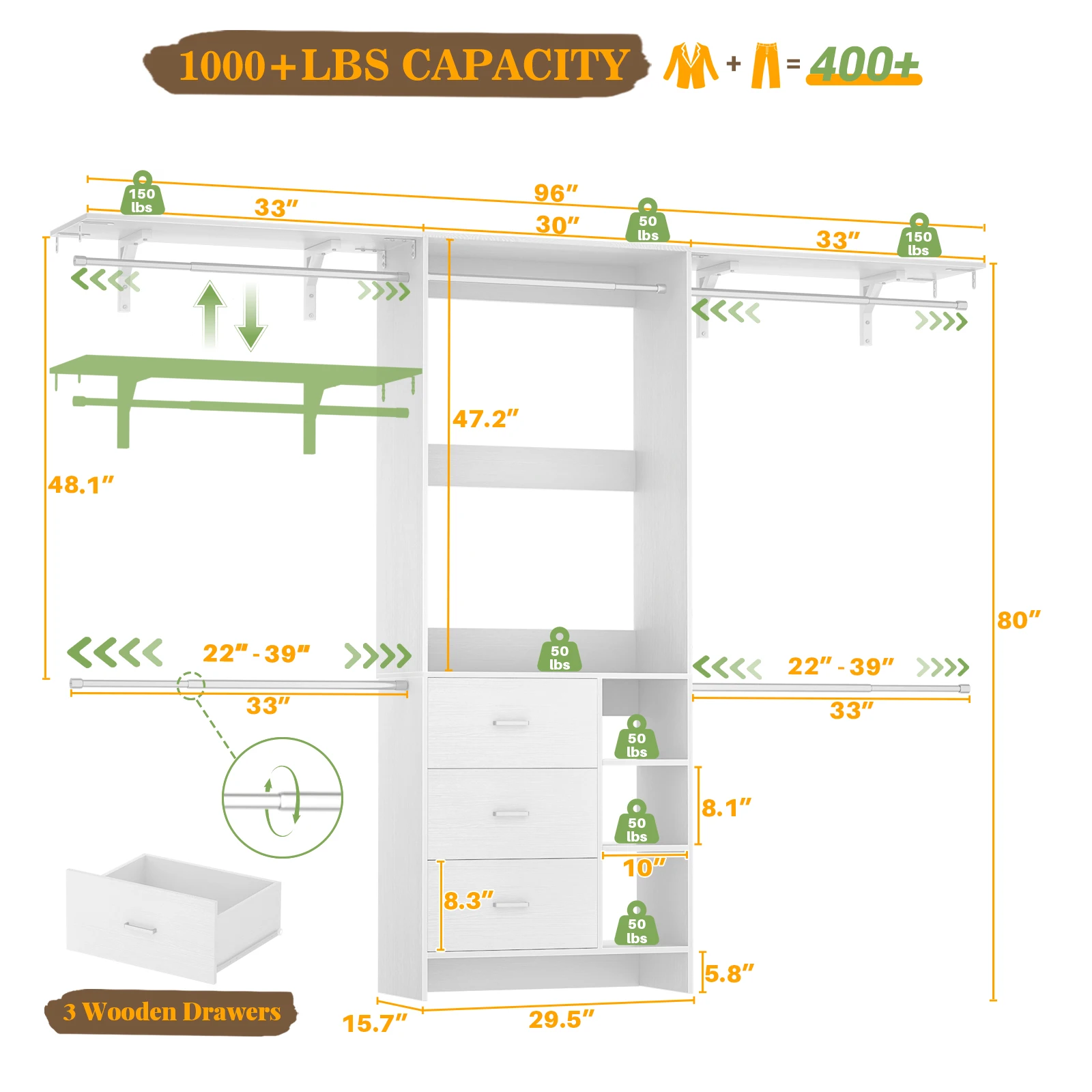 Aheaplus 8FT Closet System with 3 Wooden Drawers, 96