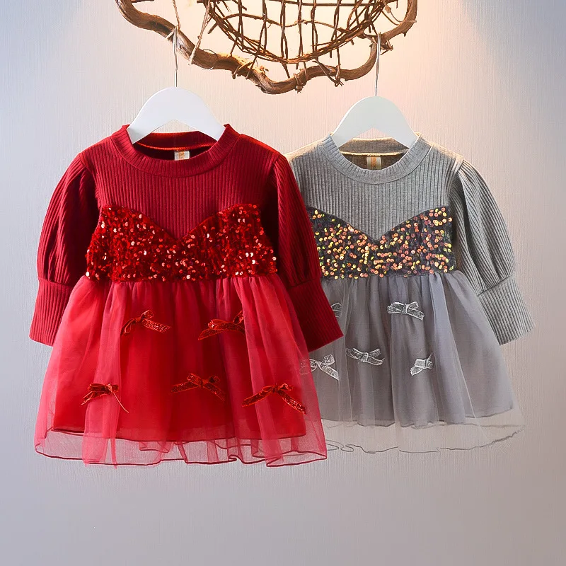 2026 Spring and Autumn New Red Patchwork Two-Piece Style Dress for Toddlers with Bow Princess Dress Fashionable and versatile