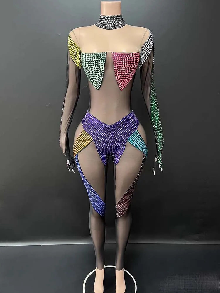 Hochwertiger, farbiger Strass-Sexy-durchsichtiger Mesh-Overall 2025, neue Mode, individuelle Damenbekleidung