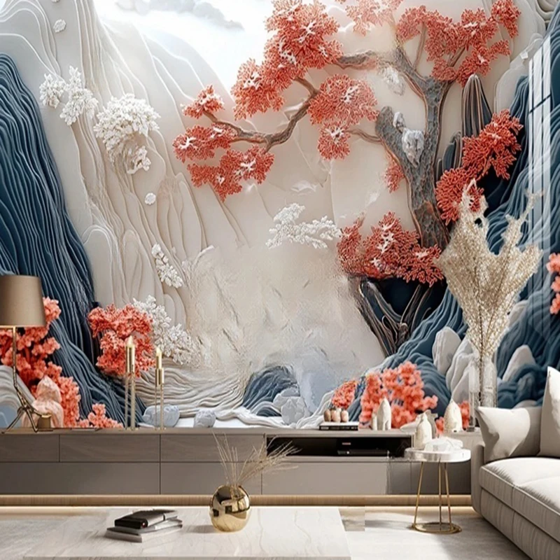Custom Modern Chinese Style 3D Textured Landscape Mural Wallpaper Floral Tree Wall Coverings for Living Room TV Background