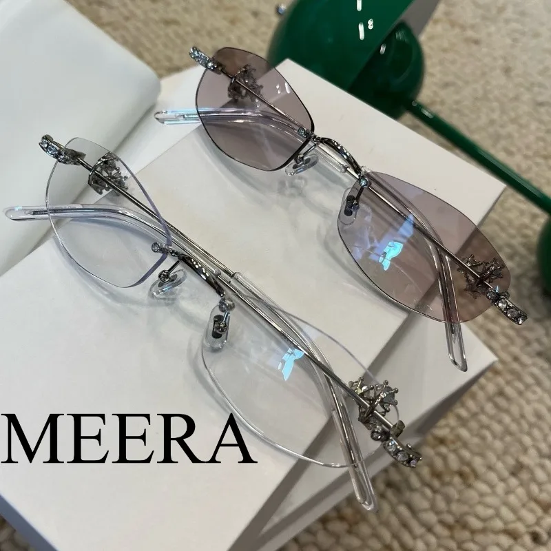 

New Korean Designer Rimless Eyeglasses GM Jewelry Diamond Decor Optical Sun Eyewea Myopia Prescription Trendy UV400 Unisex Glitz
