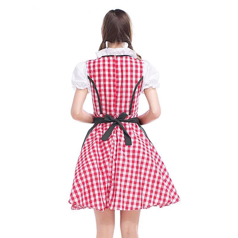 Women's German Oktoberfest Costume Red Plaid Bavarian Traditional Beer Festival Wench Dirndl Dress Halloween Cosplay Costume