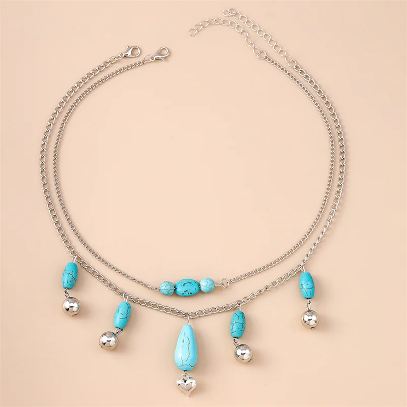 

Bohemia Handmade Turquoise Beads Necklaces for Women Girls Multi-layer Love Heart Pendant Necklace Party Jewelry Gifts