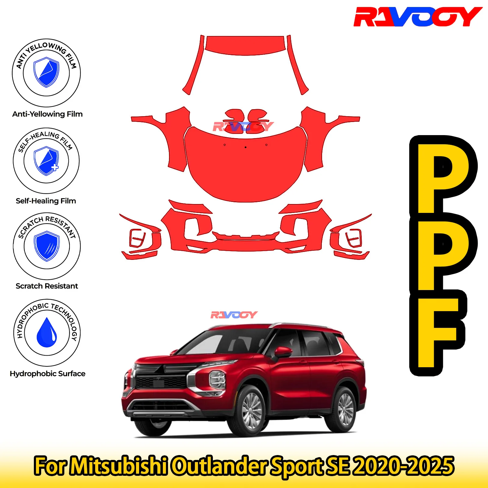 

Для Mitsubishi Outlander Sport SE 2020-2025 глянцевая матовая черная предварительно вырезанная передняя защитная пленка PPF комплект