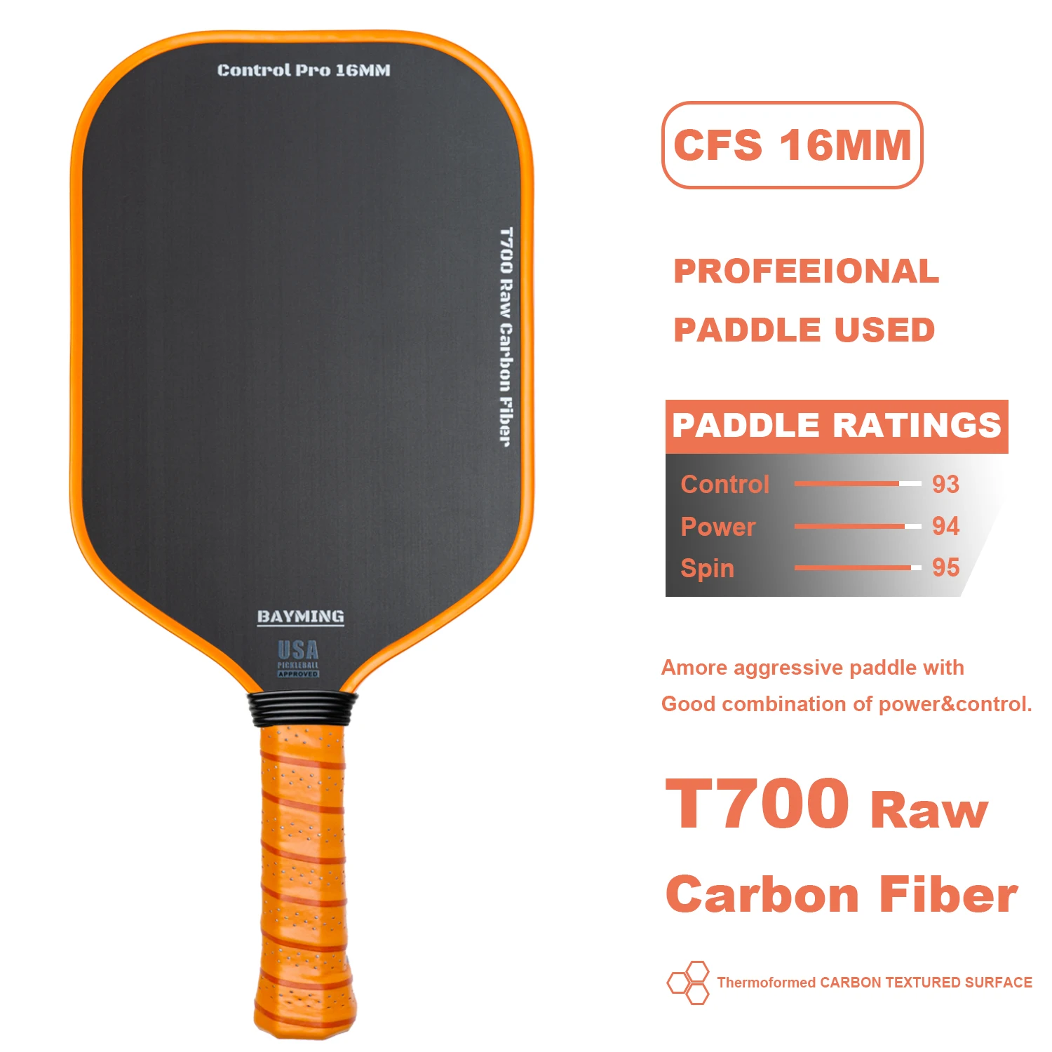 

Toray T700 Raw Carbon Fiber Pickleball Paddle Thermoformed Textured Surface 16mm Polypropylene Honeycomb Pickleball Racket