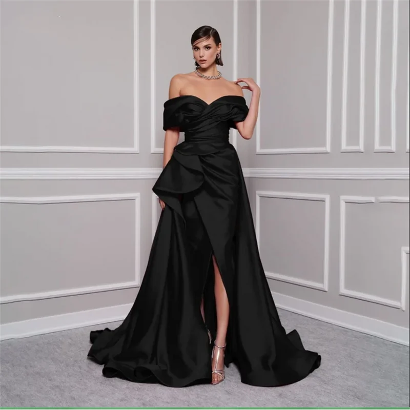 

Черное элегантное платье для выпускного вечера с v-образным вырезом и открытыми плечами, вечернее платье для женщин, атласные плиссированные вечерние платья с разрезом по бокам, по индивидуальному заказу