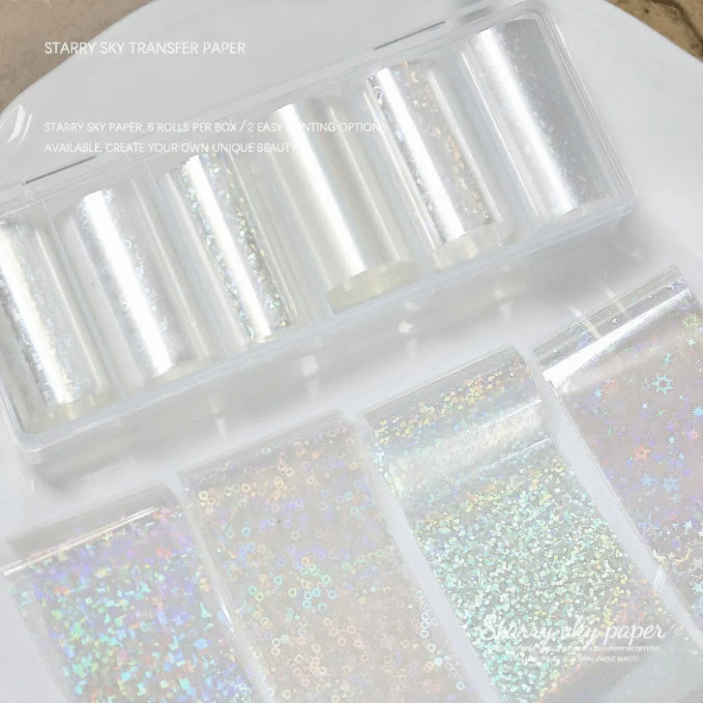 10Rolls Laser Aurora Nail Foil Sparkle Stars Clear Mirror Reflect Effect Nail Transfer Stickers Shining Starry Sky Nail Decals