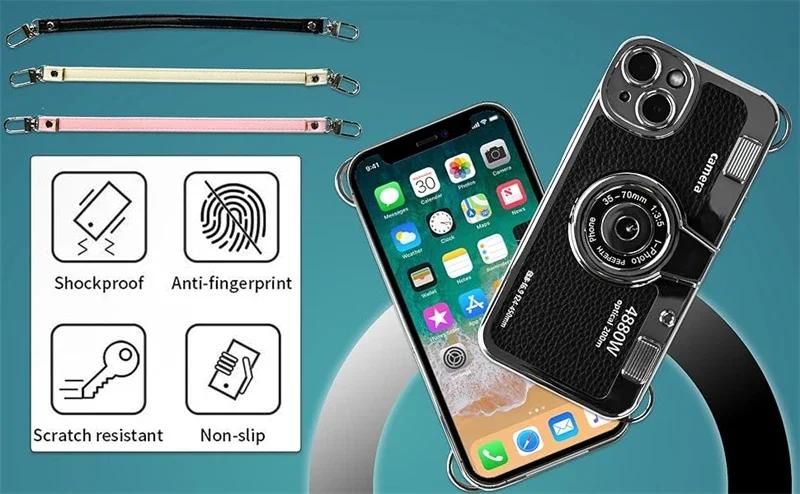 Klassische Emily in Paris Kamera-Handyhülle mit Trageriemen für iPhone Air 17 16 15 14 13 12 Pro Max Plus 17Pro Rosa Leder-Handyhülle – Detail 6