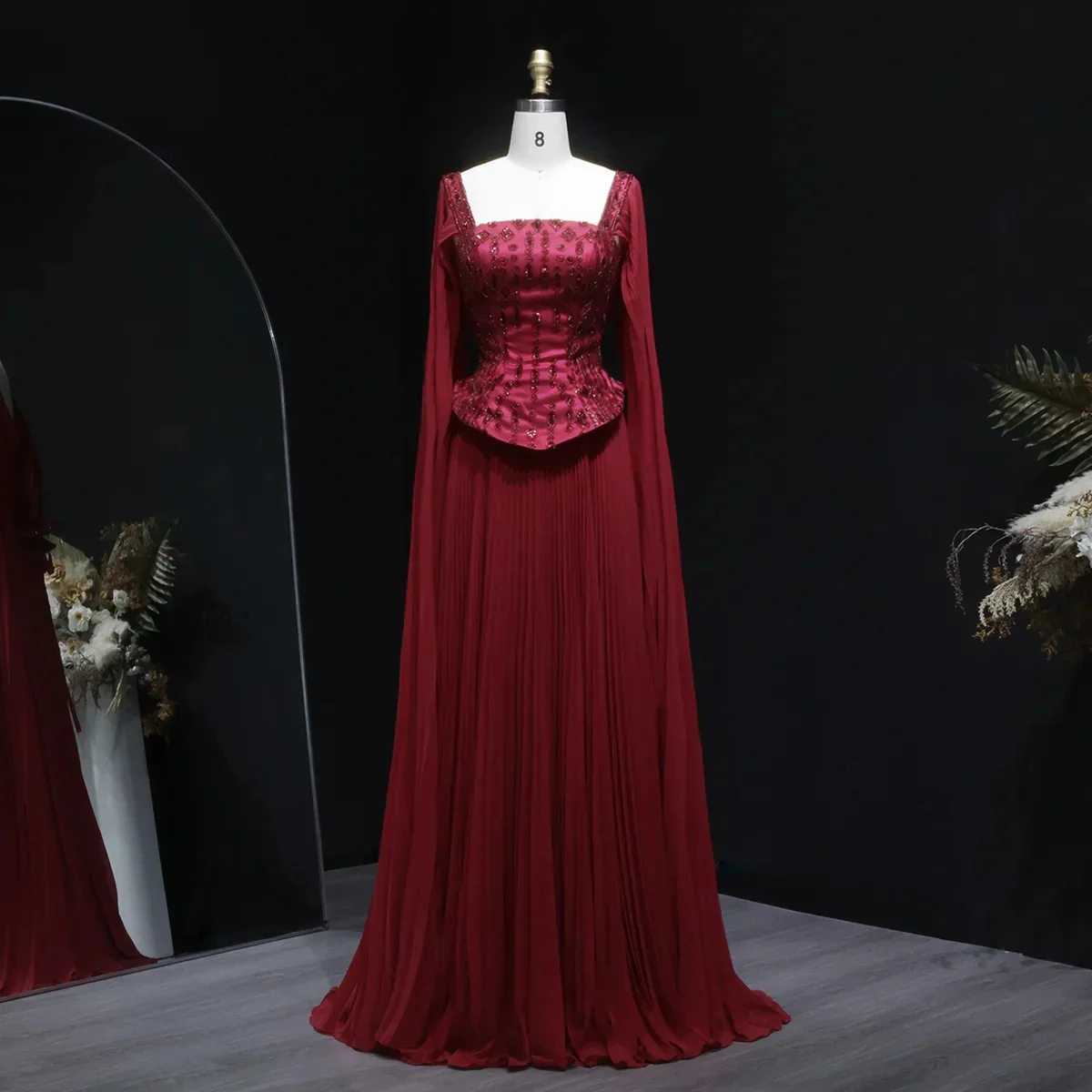 Hochwertiges, elegantes, maßgeschneidertes Abendkleid aus rotem Chiffon, A-Linie, quadratischer Kragen mit Perlen verziert, Kristall-Abschlussballkleider für bodenlangen