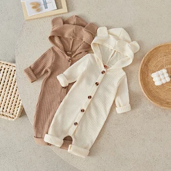 Suefunskry Baby Boys Girls Autumn Casual Button Jumpsuit Infant Solid Color Long Sleeve Hooded Romper 0-12Months