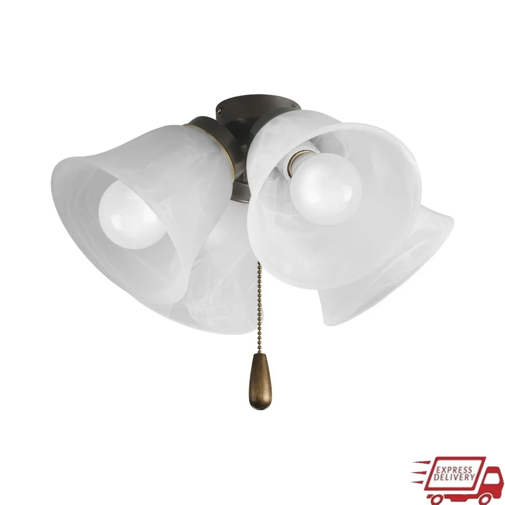 

Four-Light Universal Ceiling Fan Light Kit with Alabaster Glass Shades Antique Brass Pull Chain Quick-Connect Wiring Energy Star