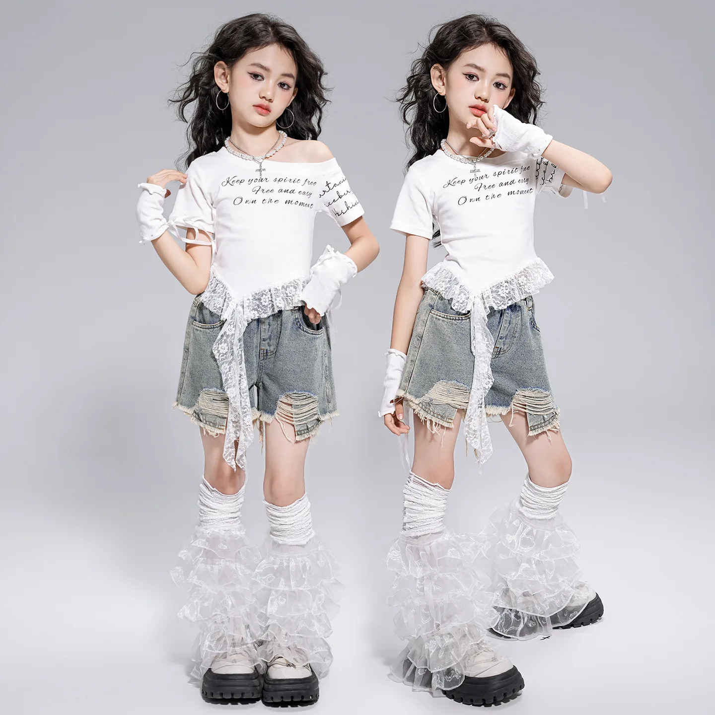 

Kid Kpop Hip Hop Clothing White Lace Trim Crop T Shirt Denim Blue Casual Ripped Jeans Shorts for Girl Jazz Dance Costume Clothes