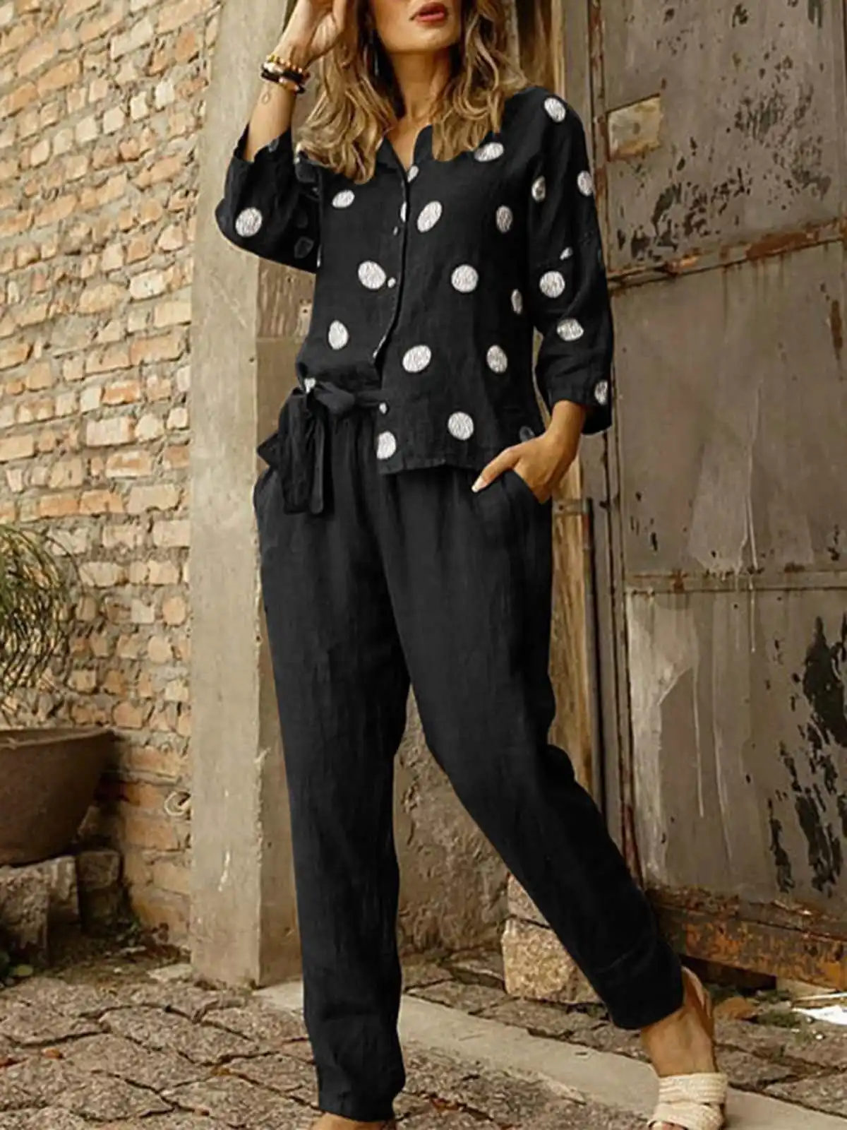 

ZANZEA Women 2pcs Pant Sets Casual Belted Elastic Waist Trouser Top and Pant O-neck 3/4 Sleeve Polka Dot Shirt Pantsuits Outfits