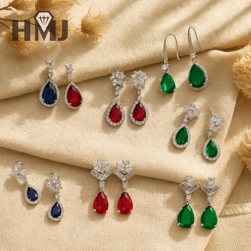 

Fashion Pear Cut Earrings with Ruby/Sapphire/Colombian Emerald Elegant Jewelry for Women for Christmas Easter and Parties
