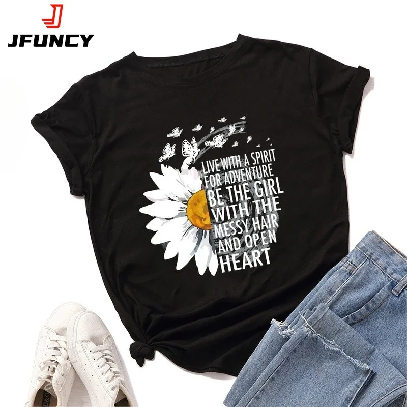 Jfuncy Sommer Frauen T-Shirts Chrysantheme inspirierende Brief druck weibliche Kurzarm Baumwolle T-Shirt Frau T-Shirts