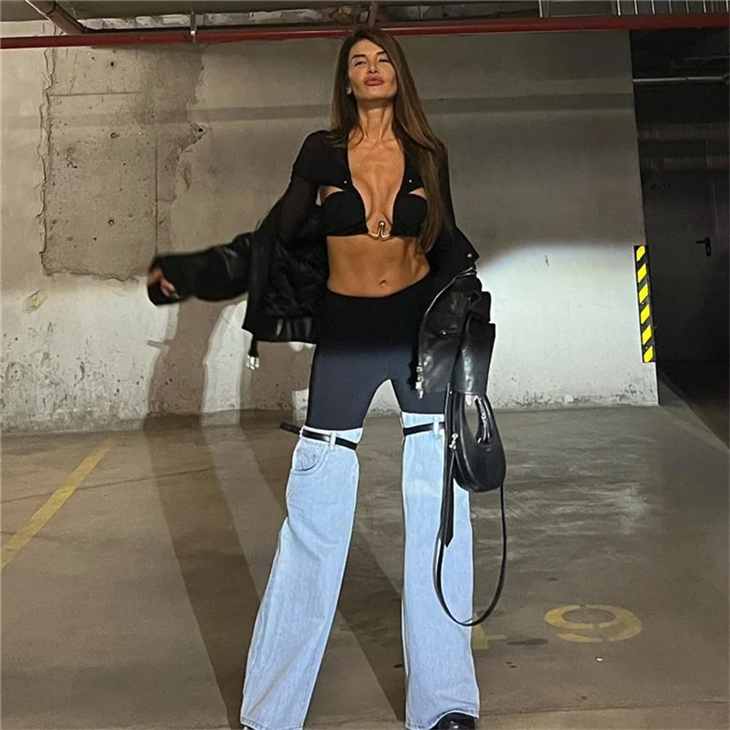 Hot Women Jeans Pants With Belt Fashion Patchwork American Style Spring 2023 High Waisted Straight Wide Leg Trousers In Stock