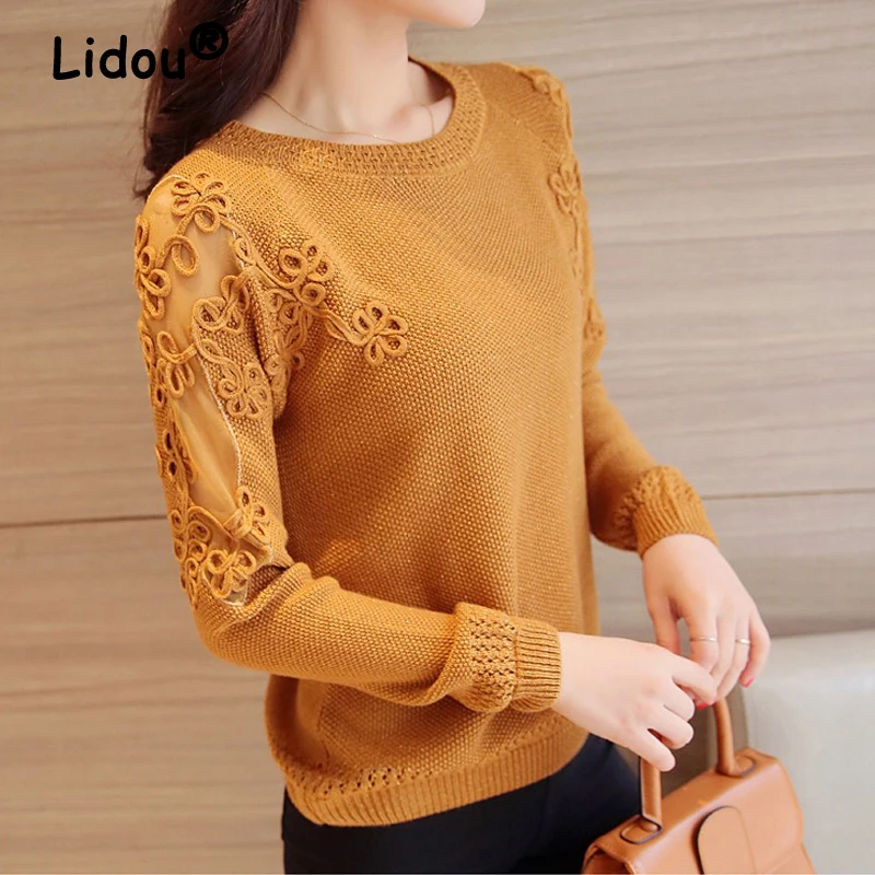 

Women Mesh Splicing Knitted Sweater 2022 Sexy Hollow Pullover Sweaters Fashion Loose Embroidery O Neck Jumper Tops Female Autumn