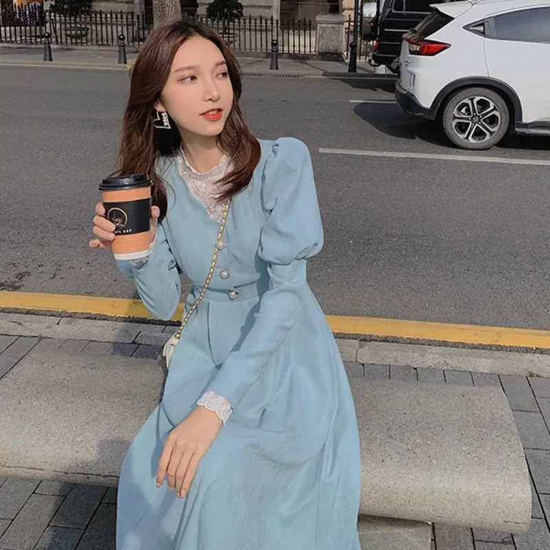 Spring French Patchwork Dress Women Elegant Blue Lace Designer Fairy Dress Female Puff Sleeve Kawaii Korean One-piece Dress 2024