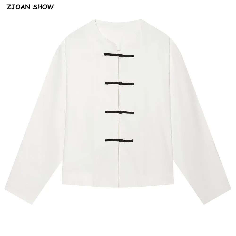 Chinese Style Women's White Contrast Color Black Rope Buttons Long Sleeve Shirt O neck Loose Casual Blouse Autumn Tops