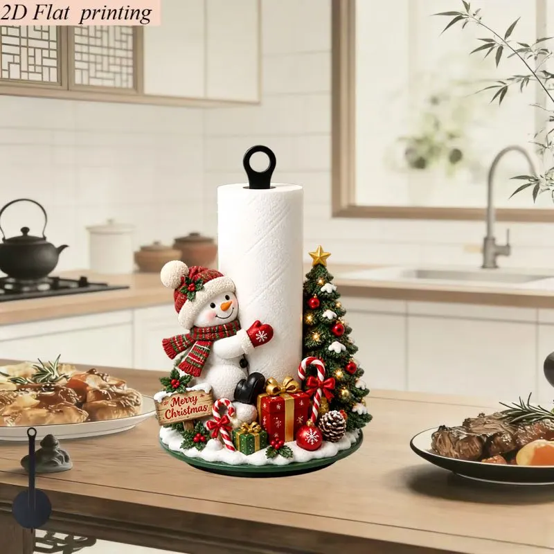 1Pc 2D Flat Print Xmas Snowman TreePaperTowelHolder, TabletopRollStorageDecor,for Kitchen BathroomLiving Room,Paper Not Included