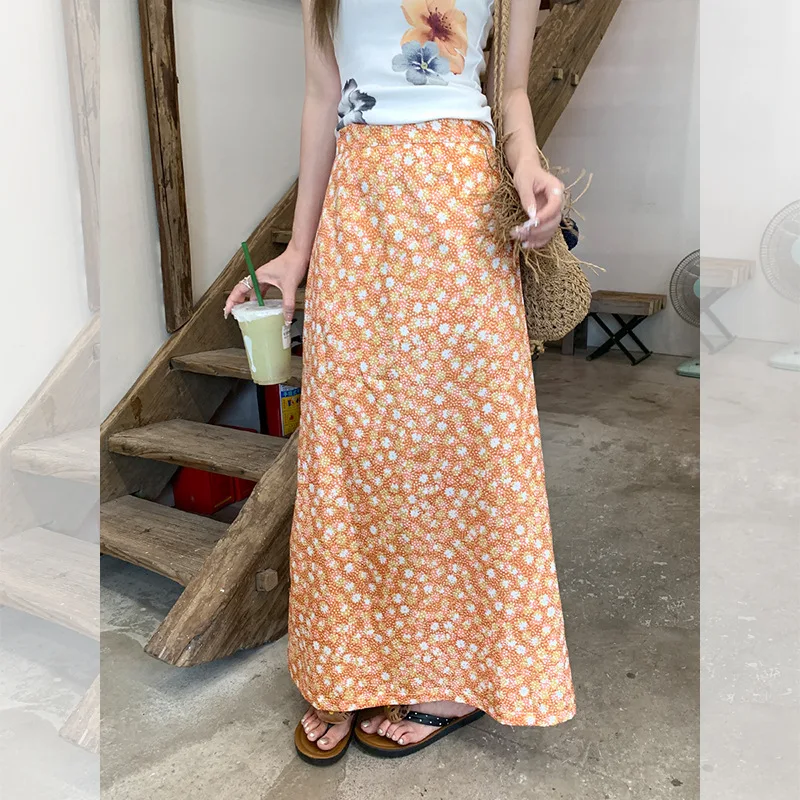 

Summer Bright Outfit Orange Floral A-Line Midi Skirt Women 2025 New Fashion Versatile Mid-Length Skirt