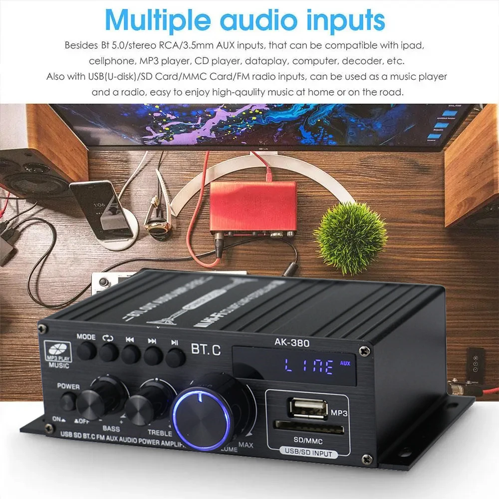 AK380 Power Amplifier 800W Stereo Sound Amplifier Channel 2.0 HIFI Bluetooth Amp Home Digital Audio 12V 3A for Car Bass Trebl