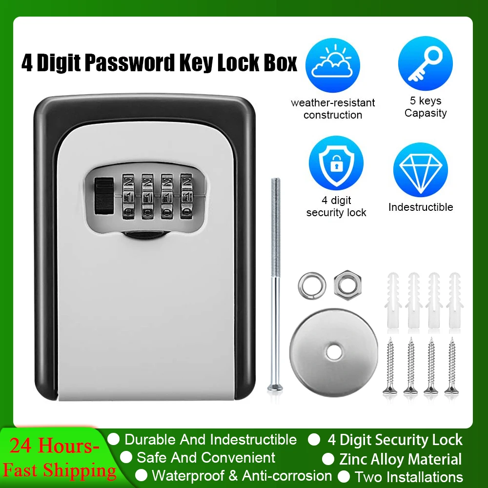 New Zinc Alloy Material Wall Mount Key Lock Box 4 Digit Password Code Security Lock Home Office Key Safe Secret Storage Box