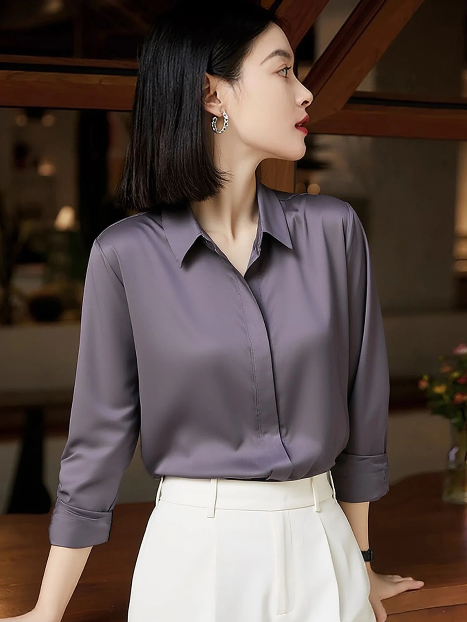 

Элегантная женская блузка из шелкового атласа с длинным рукавом для офиса, весенняя новинка, дышащая, легкая, комфортная