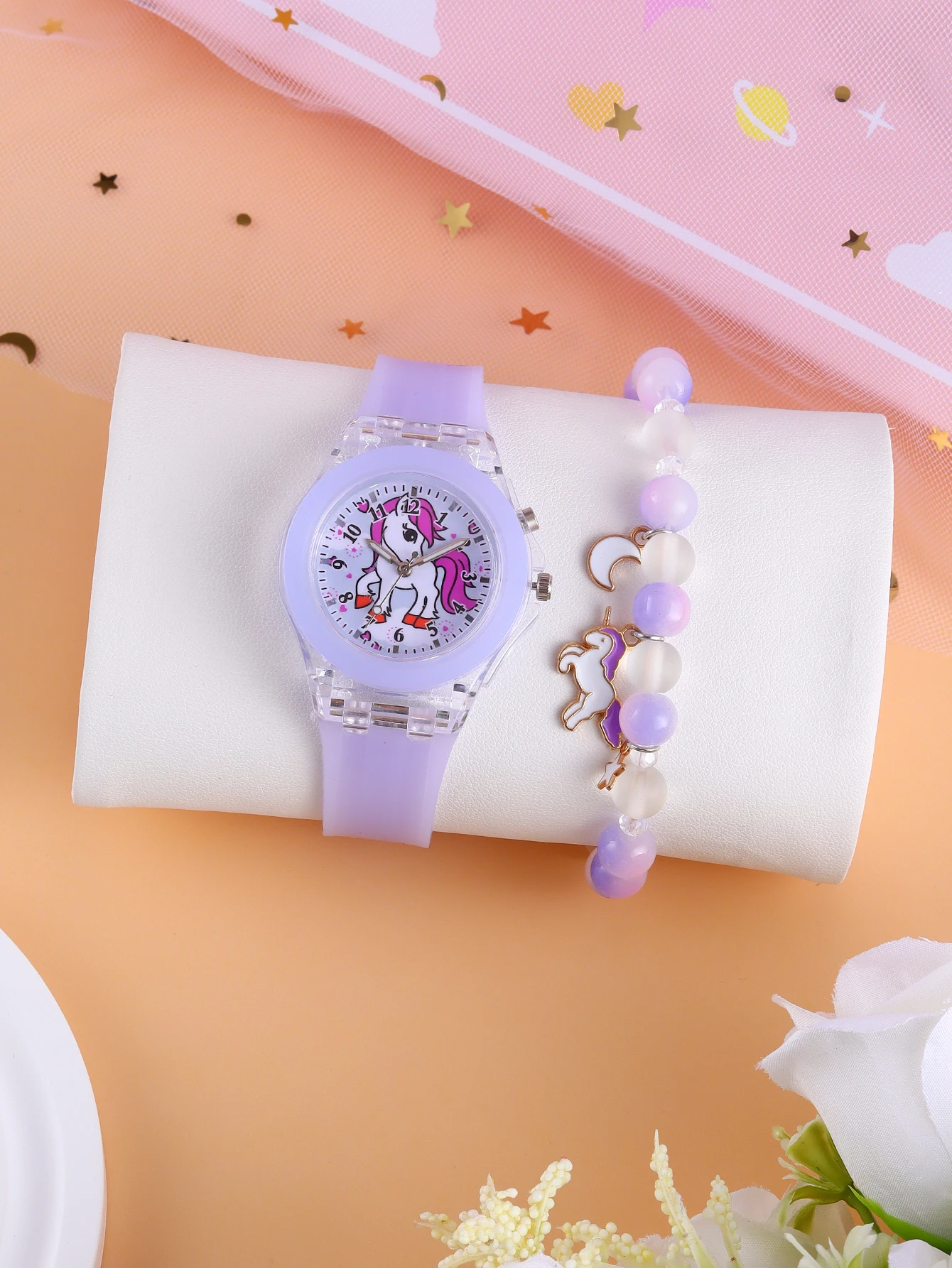 New fashion silicone glow-in-the-dark quartz watch with beaded unicorn necklace bracelet jewelry set gift box set gift