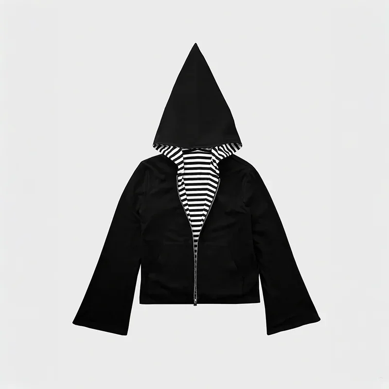 Sombrero de bruja Y2K de viento oscuro diseño de doble cara con cremallera a rayas diseño con capucha nicho calle 2025 otoño e invierno nuevo estilo