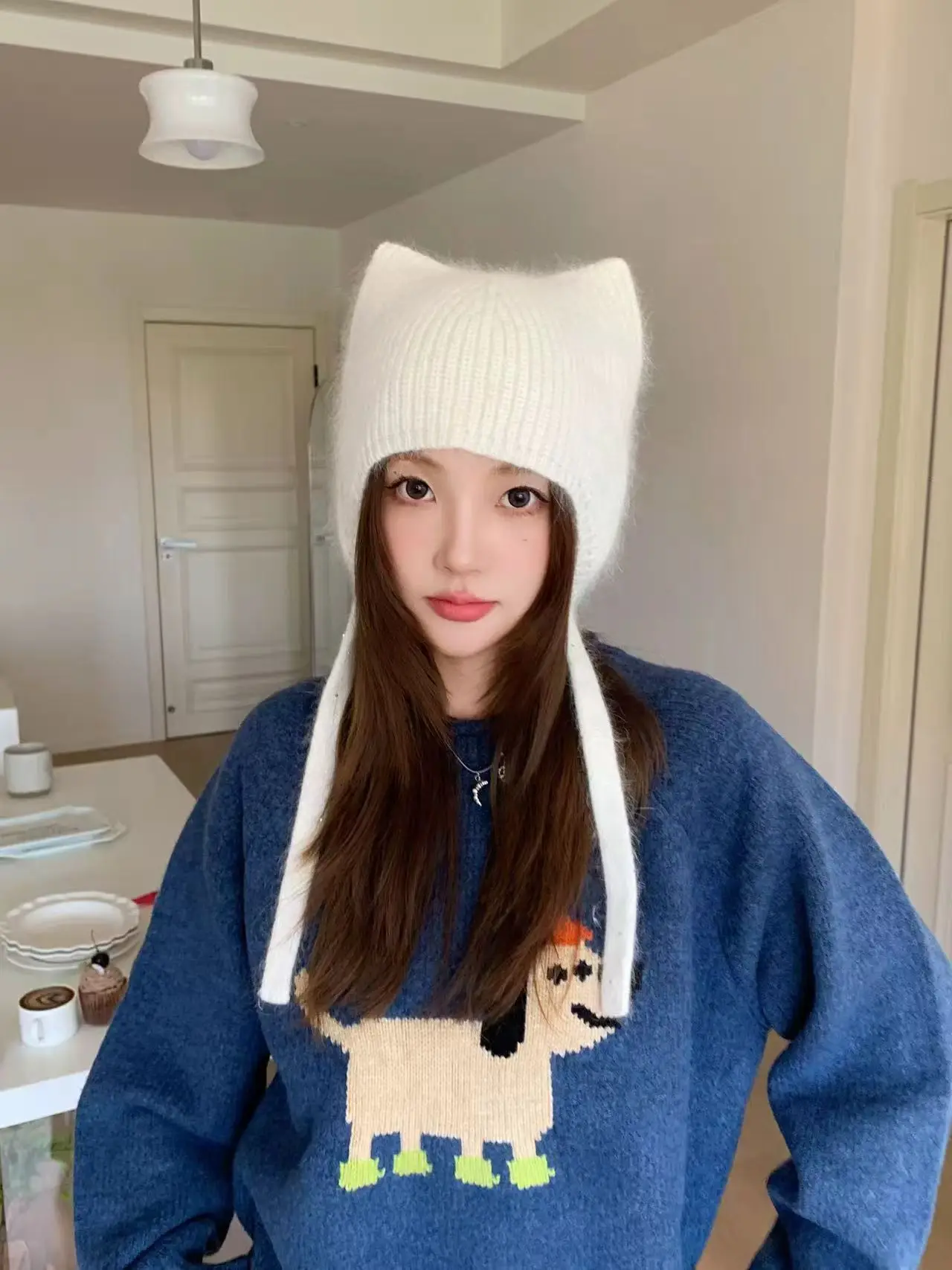New Rabbit Fur Sequin Cute Cat Ear Woman WInter Hat Solid Color Autumn Beanies Soft Best Matched Warm Soft Bonnet Skullies Gift