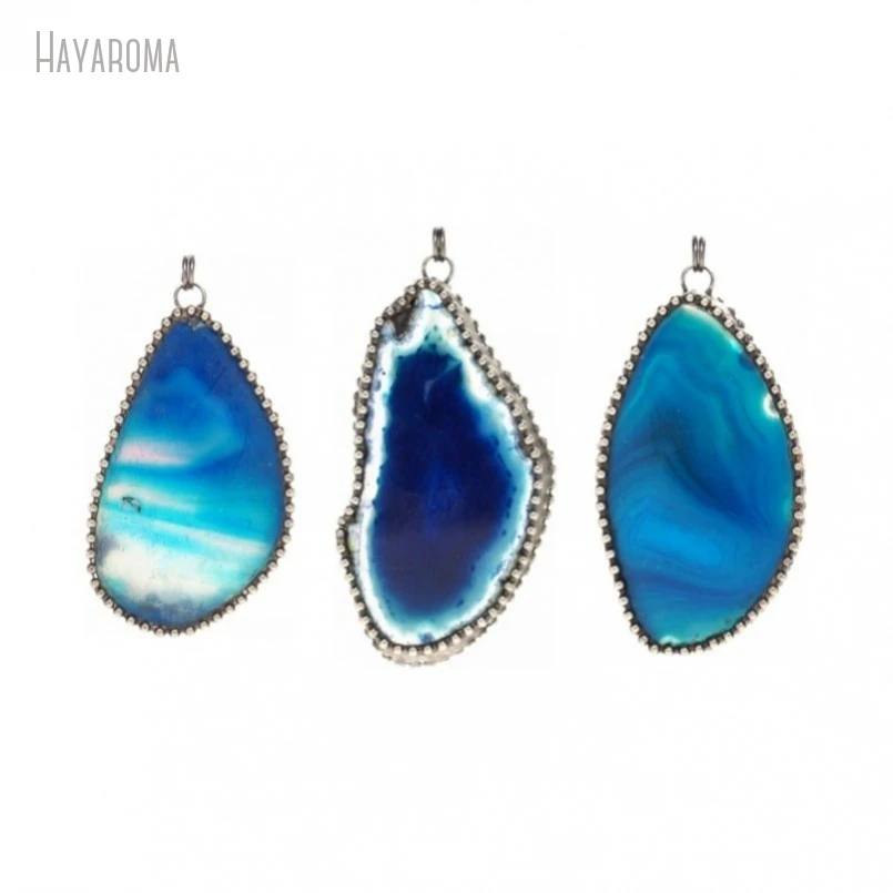 

10Pcs Wholesale Vintage Style Handmade Jewelry Soldered Free Form Slice Blue Antique Silver Color Tin Agates Pendant