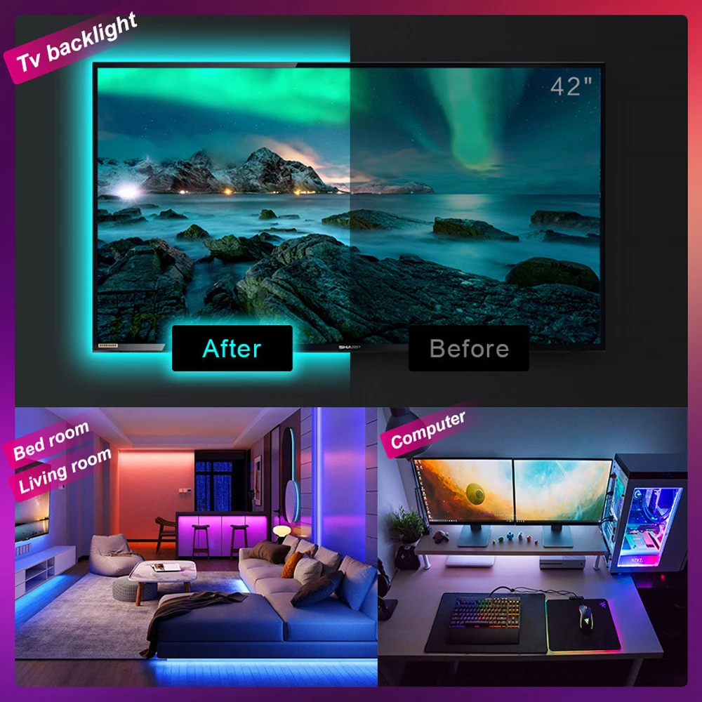 Imagem -02 - Homekit App Smart Control Luzes Led Strip Rgb 5050 Controle de Voz Siri Fita Led Sincronização de Música para Casa Decoração do Quarto Iluminação tv