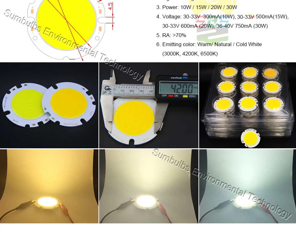 Sumbulbs Runde LED-COB-Lichtquelle, Lampe, 3 W–200 W, kreisförmiger Chip, an Bord für Scheinwerfer, Downlights, Flutlicht, DIY-LEDs – Detail 7
