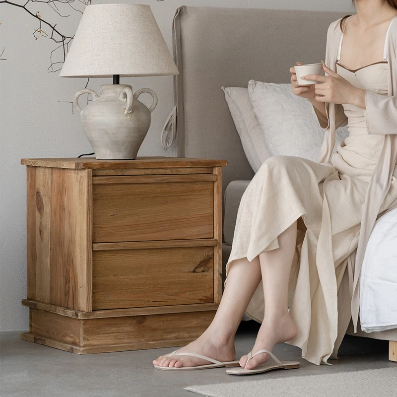 Retro Solid Wood Nightstand with Drawers Wabi-Sabi Inspired Bedside Cabinet Modern Minimalist Home Furniture for Bedroom Decor