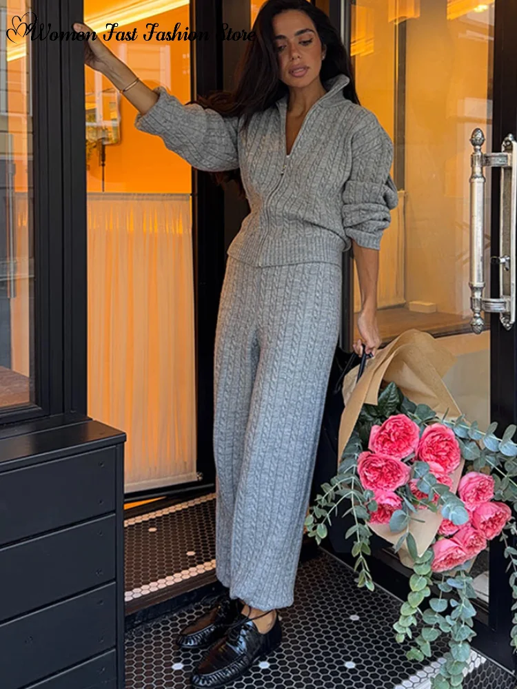 Casual Zipper Knit Cardigan Pants Set 2026 Autumn Winter Solid Stand Collar Sweater Elastic Waist Trousers Women's Daily Outfits